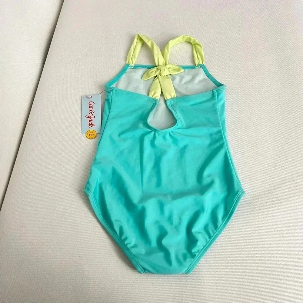 One Piece Swimsuit Cat & Jack Teal Lime Back Detail Size Small (6/6X6) UPF 50+